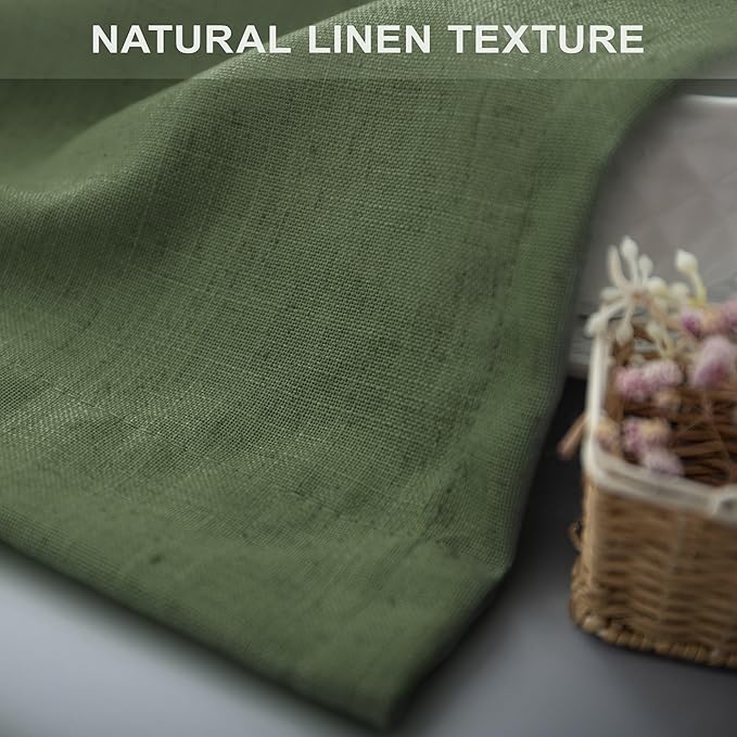 Pitalk Olive Green Curtains 63 Inch Length for Living Room 2 Panels Set Back Tab Rod Pocket Pleated Look Semi Sheer Linen Green Curtains for Bedroom Boho Decoration 52x63 in Long