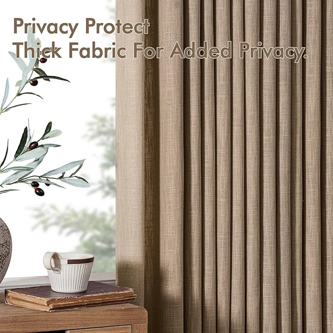 MIULEE Pinch Pleated Thick Linen Curtains 108 Inches Long 2 Panels for Living Room Bedroom, Linen Textured Drapes Back Tab Country Farmhouse Brown Tan Burlap Foor to Ceiling Curtains with Hooks&Rings