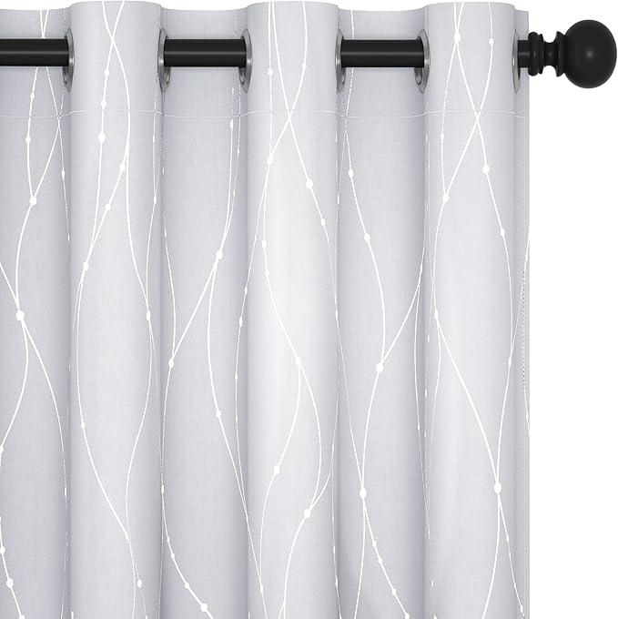 Deconovo Room Darkening Curtains, Greyish White Curtain, Thermal Insulated Noise Reduced Drapes, Silver Wave Dots Print, 52 x 63 Inch Long, Machine Washable Window Panels for Kitchen Bedroom, Set of 2