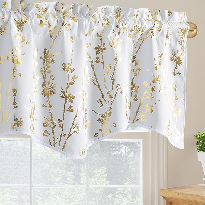 NICETOWN White Blackout Floral Kitchen Valances for Windows, Gold Foil Flower Shadow Printed Scalloped Drapes 18 Inch Length with Rod Pocket for Bathroom, W42×L18, 1 Panel