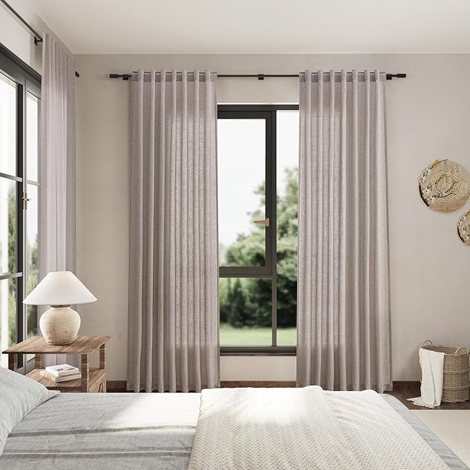Brownish Grey Linen Curtains 96 Inches Long for Living Room Back Tab Vintage Rustic Farmhouse Light Filtering Curtain Burlap Textured Linen Drapes 96 Inch Length for Dinning Room Bedroom 52x96 8 FT