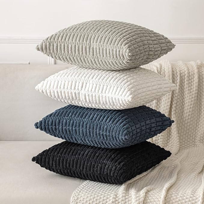 MIULEE Pack of 2 Corduroy Decorative Throw Pillow Covers 18x18 Inch Soft Boho Striped Pillow Covers Modern Farmhouse Home Decor for Sofa Living Room Couch Bed Pure White