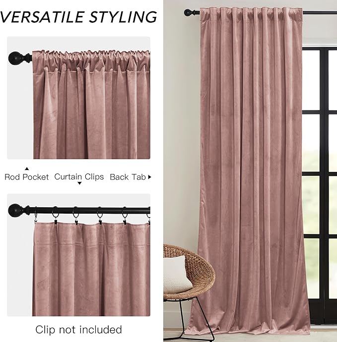 RYB HOME Girls Curtains for Bedroom, Back Tab Room Darkening Baby Kids Velvet Curtains 90 inches Long for Nursery, W 52 x L 90, 2 Panels Set