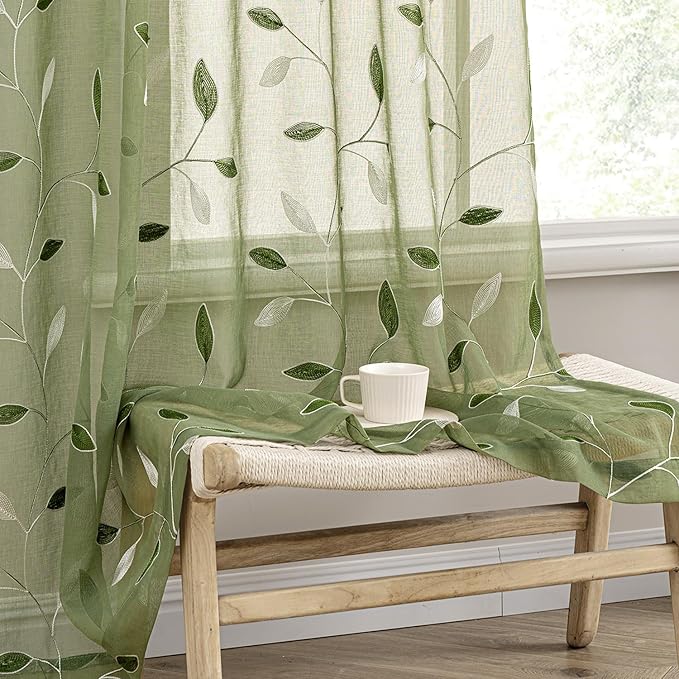 MIULEE Sage Green Sheer Curtains 2 Panels Embroidered Leaf Patterned Rod Pocket Floral Semi Sheer Faux Linen Window Curtains Drapes Set for Living Room Bedroom Dining Room, 52x96 Inches Long