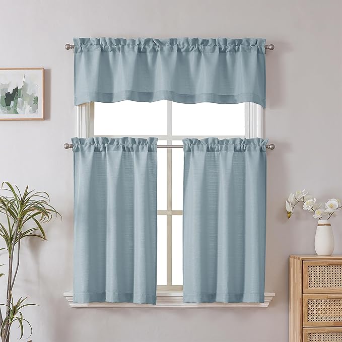 Chyhomenyc Short Curtain Valance for Windows, Light Filtering Faux Linen Textured Small Kitchen Window Curtain, Valance for Bathroom Laundry Basement, 60Wx14L inch, 1 Piece, Aqua with Greenish Tone