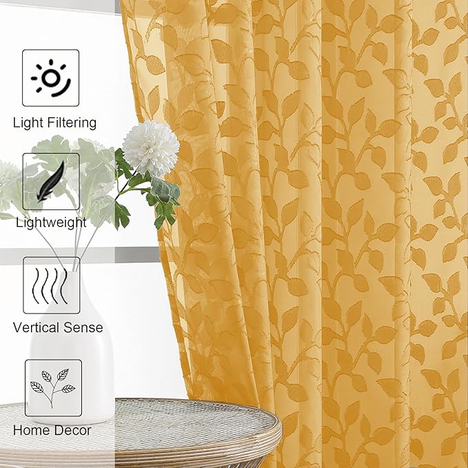 Chyhomenyc Gold Sheer Valances for Windows 14 Inch Length 2 Pcs, Light Filtering Leaf Textured Cafe Short Kitchen Curtains, Top Small Curtain for Living Room Bedroom Basement, 42" W x 14" L