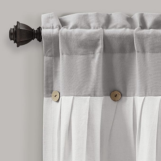 Lush Decor Linen Button Farmhouse Valance Curtians 52"W x 18"L Gray & Off White - Linen Valances For Windows - Kitchen Curtains Valances