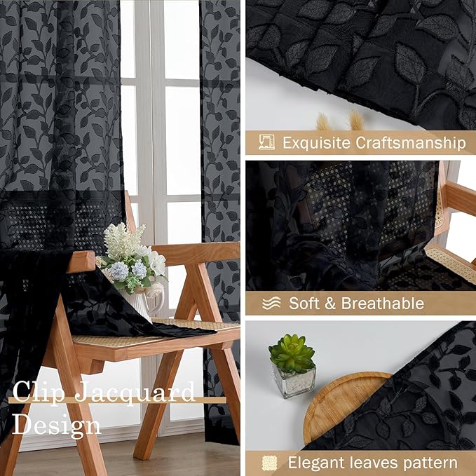 Chyhomenyc Black Short Curtains 45 Inch Length 2 Panels, Light Filtering Leaf Textured Window Curtain Panels for Bedroom Living Room, Elegant Rod Pocket Farmhouse Curtains, 30" Wx45 L, 2 PCS