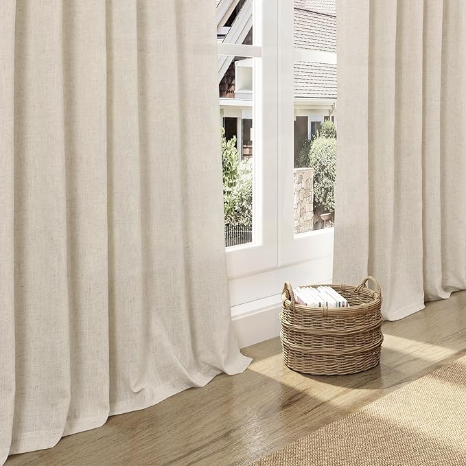 Birch Beige Linen Curtains 132 Inch Length for Living Room Light Filtering Semi Sheer Curtain Back Tab Modern Farmhouse Decor Elegant Drapes Floor to Ceiling High Window for Bedroom 52x132, 2 Panels