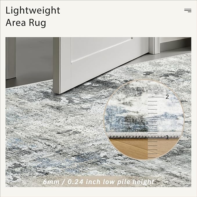 Abstract Rug 8x10 Large Living Room Rugs Neutral Modern Washable Area Rugs for Bedroom Dining Room Non-Slip Stain Resistant Foldable Thin Rug Gray Blue