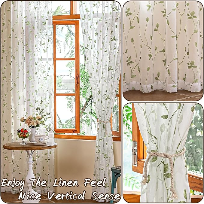 AmHoo 2 Panels Embroidered Leaf Pattern Semi Sheer Curtains Foliage Floral Voile Window Draperies Treatment for Bedroom Living Room Rod Pocket White Light Green 53 x 95 Inch