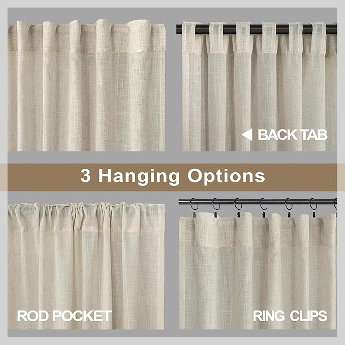 Beige Curtains 72 Inch Length for Living Room 2 Panels Set Back Tab Rod Pocket Light Reducing Semi Sheer Flax Linen Curtains for Bedroom Sack Tweed Crude Country Farmhouse Decor 52x72 Inches Long