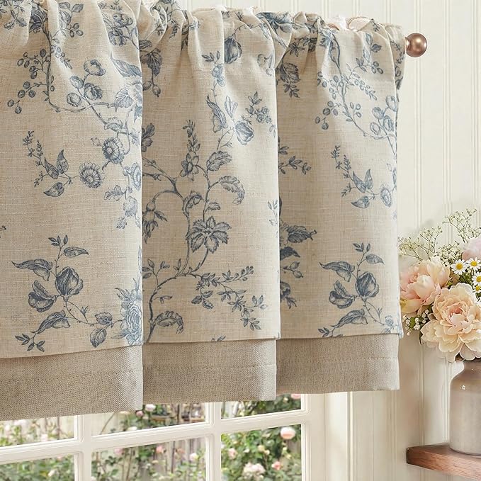 jinchan Amlie Floral Linen Valance Curtain Farmhouse Kitchen Valance for Living Room Laundry Light Filtering Double Layer Cottagecore Window Treatment Rod Pocket 1 Panel 16 Inch Blue on Linen