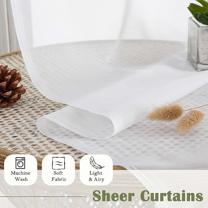 Lecloud White Sheer Curtains 84 Inches Long 2 Panels, Solid Airy Voile Extra Wide Curtain Drapes, Elegant Light Filtering Window Treatments for Living Room Bedroom with Dual Rod Pocket, 59" W x 84" L
