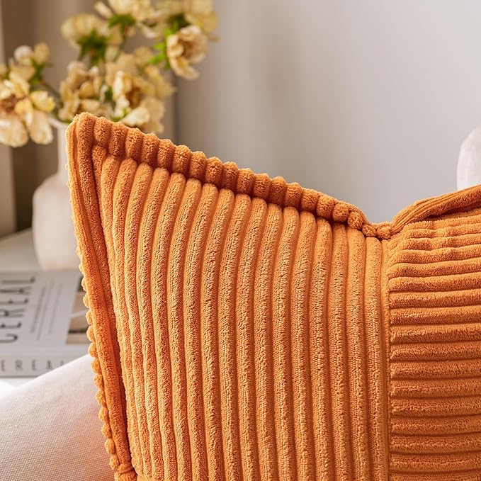 MIULEE Burnt Orange Decorative Throw Pillow Covers for Couch Bed Livingroom 18x18 Inch Set of 2 Boho Accent Throw Pllows Broadside Striped Patchwork Soft Corduroy Pillowcases