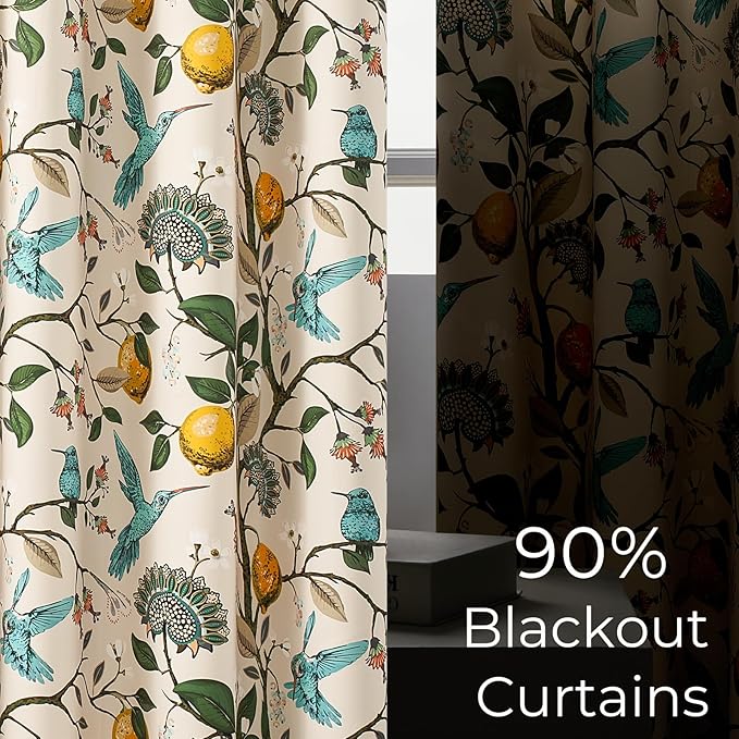 Topfinel Floral Curtains 96 Inches Long 2 Panels Unique Beige Luxury Elegant Colorful Euro Flower Hummingbird Patterned Rustic Vintage Grommet Drapes for Classroom Room Office Closet 52x96
