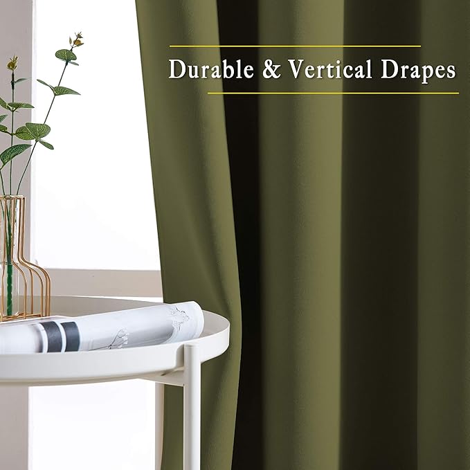 NICETOWN Blackout Olive Green Curtains 63 inches Long, Functional Blackout Window Treatments Thermal Drapes Privacy Assured for Bedroom, 2 Panels, W52 x L63
