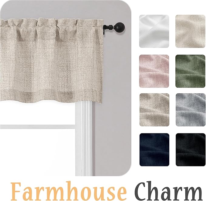 OWENIE Linen Valances for Windows 1 Pcs 24 Inch Length, Light Filtering Textured Short Small Valance Curtains for Bathroom Basement Living Room Bedroom, Half Window Curtains Over Sink, 60" W by 24" L