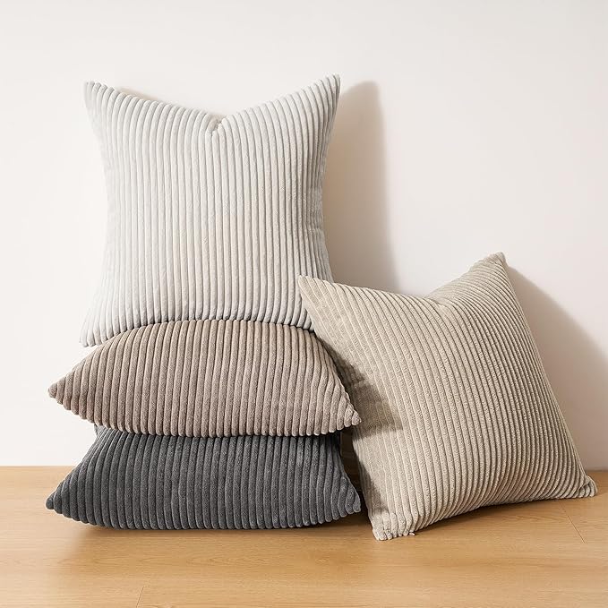 Topfinel 4 Packs Natural Decorative Throw Pillows Covers 18x18 Inch for Living Room Couch Bed Sofa, Rustic Farmhouse Boho Home Decor, Soft Plush Striped Corduroy Square Cushion Case 45x45 cm