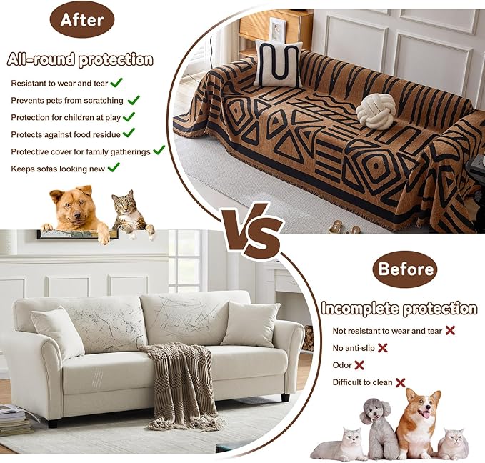 HANDONTIME Boho Geometric Couch Covers for Sofa Pet Friendly Brown and Black Sofa Covers Washable Chenille Couch Blanket Cover for 3 4 Cushion Couches Pet Protector Furniture Cover Soft, 71" X 150"