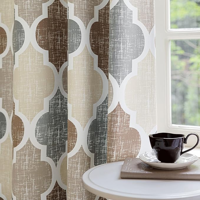 Beauoop 100% Blackout Curtains 90 Inches Long 2 Panels for Bedroom Living Room Brown Grey Moroccan Geo Room Darkening Thermal Insulated Soundproof Grommet Top Window Treatments Drapes, 50x90 Set of 2