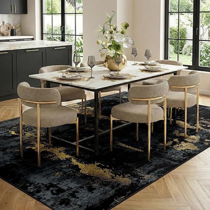 Washable Area Rugs 6'x9' Non-Slip Modern Abstract Soft for Living Room Entryway Bedroom Nursery, Print Pattern, Dark Black Gold
