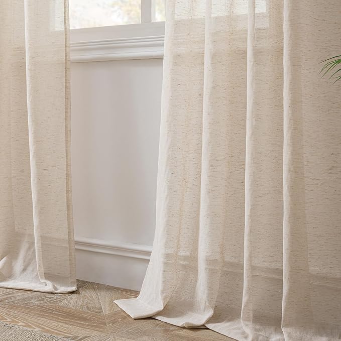 FMFUNCTEX Linen Sheer Curtains for Bedroom, Taupe Curtains 84 inches Long for Living Room, Brown Farmhouse French Flax Blend Window Draperies, Rod Pocket 2 Panels Set