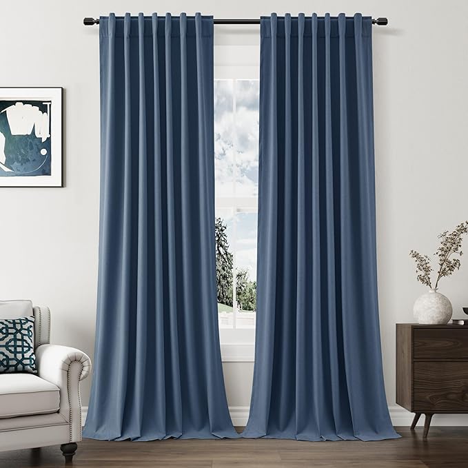Guken 100% Blackout Curtains 84 Inch Length 2 Panels Set for Living Room Bedroom Back Tab Thermal Insulated Black Out Linen Drapes Room Darkening Window Curtains 84 Inches Long,Denim Blue