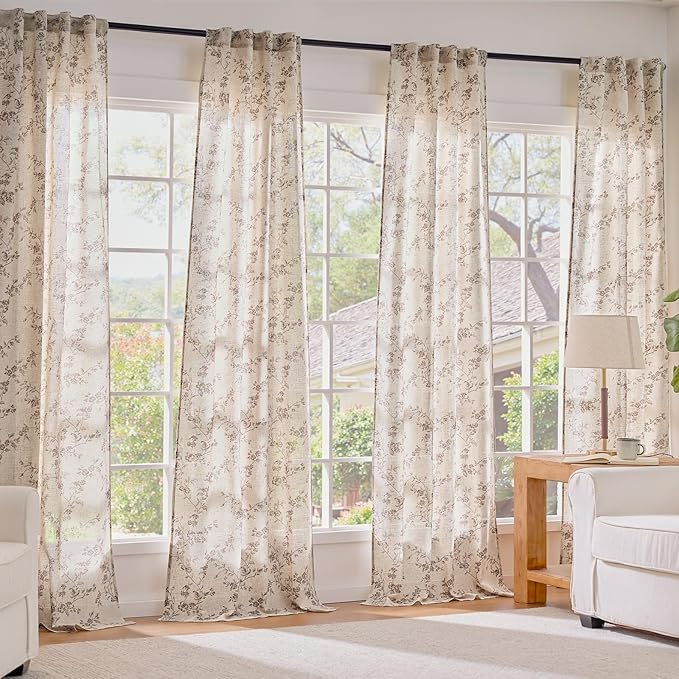 Lazzzy Taupe Floral Linen Curtains 84 Inch Farmhouse Back Tab Drapes for Living Room Bedroom Light Filtering Vintage Grandmillennial Rod Pocket Curtains, 2 Panels, W38 x L84, Taupe on Beige
