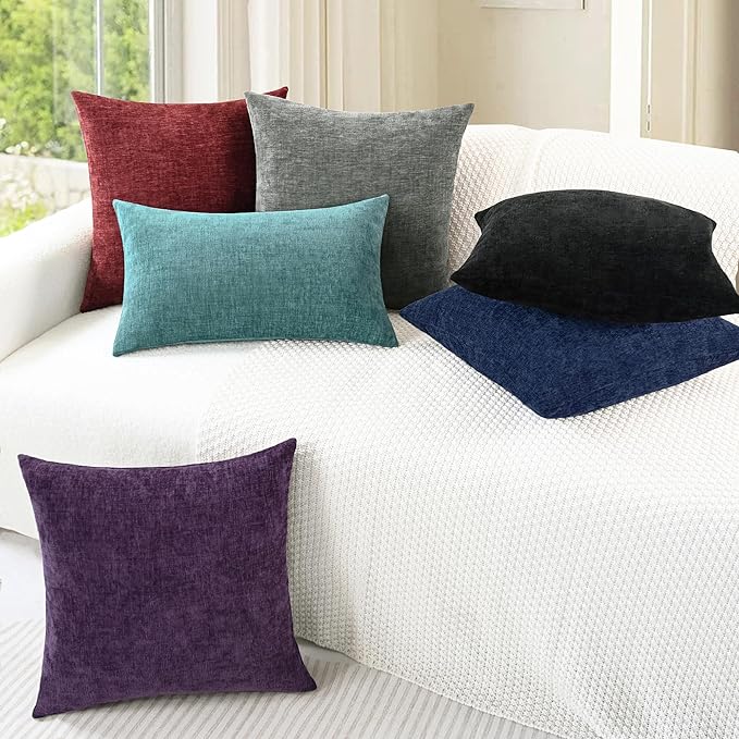 CaliTime Throw Pillow Covers Decorative 12 X 20 Inches Pack of 2 Cozy Chenille Cushion Cases for Couch Sofa Bed Living Room Home Black