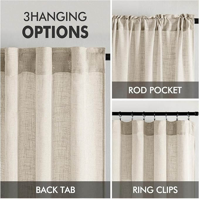 MIULEE Cream Linen Curtains 96 Inches Long 2 Panels for Bedroom Living Room, Soft Linen Textured Window Drapes Semi Sheer Light Filtering Back Tab Rod Pocket Farmhouse Modern Burlap Look Decor