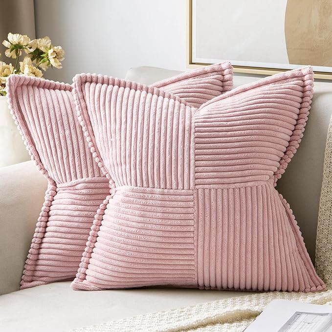 MIULEE Spring Decorative Throw Pillow Covers for Couch Bed Livingroom 18x18 Inch Set of 2 Pink Boho Accent Throw Pllows Broadside Striped Patchwork Soft Corduroy Pillowcases Valentine Decor