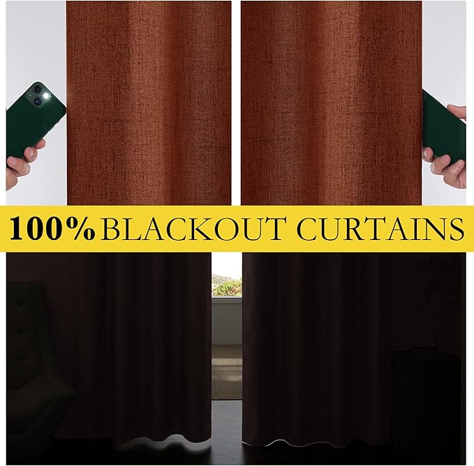 NICETOWN 100% Absolutely Blackout Linen Curtains with Thermal Insulated Liner, 62" Wide, 2 Panels, 95" Long Drapes, Grommet Retro Burnt Orange Linen Curtains Vertical Drapes Privacy for Bedroom