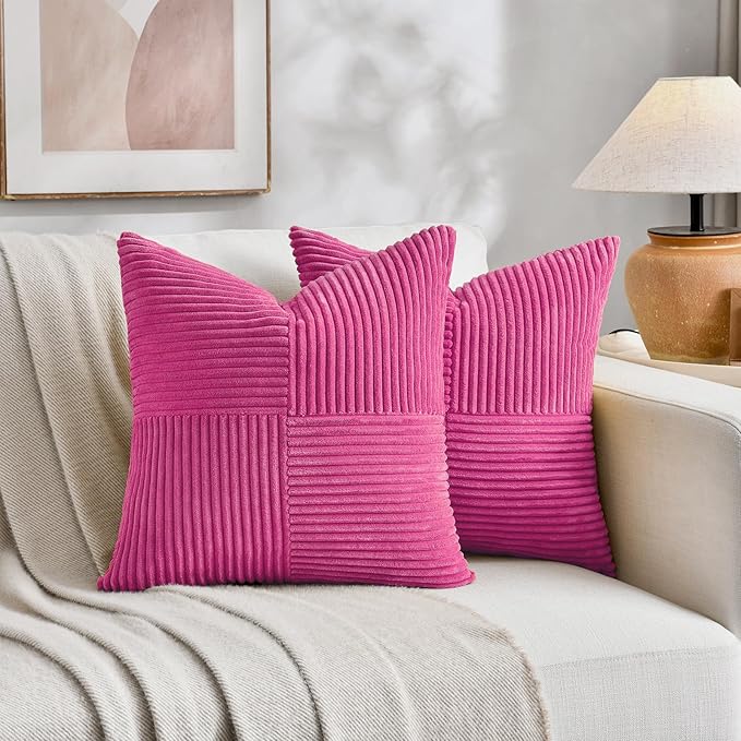 Fancy Homi 2 Packs Hot Pink Decorative Throw Pillow Covers 22x22 Inch for Living Room Couch Bed, Rustic Farmhouse Boho Home Decor, Soft Corss Corduroy Patchwork Accent Square Cushion Case 55x55 cm