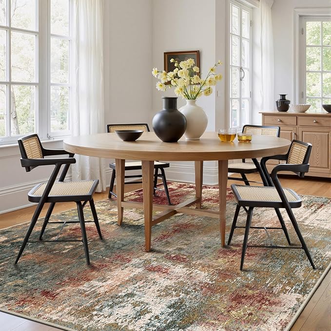 Washable Area Rugs Square 9ft Non-Slip Modern Abstract Soft for Living Room Entryway Bedroom Nursery, Print Pattern, Brown Rust Red Green Blue Multi