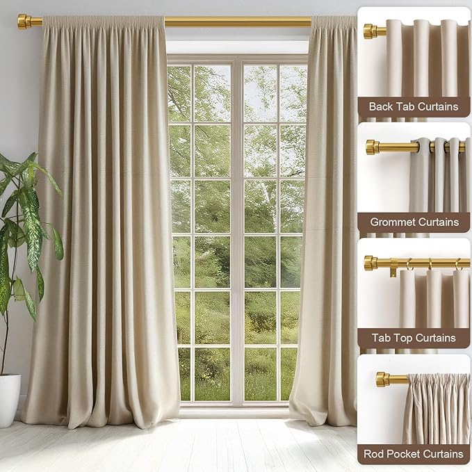 Lootkell Gold Curtain Rods for Windows 72 to 144 Adjustable Modern Curtain Rod 1 inch Diameter Heavy Duty with Solid Metal Finials for Living Room Bedroom Farmhouse Outdoor Patio