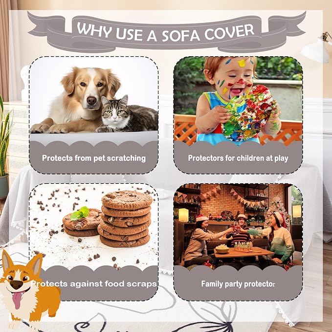 HANDONTIME Couch Cover for Dogs Grey Sectional Couch Covers for 3 Cushion Couch Sofa Flower Lace Sofa Covers Machine Washable Easy Install Futon L Shaped Couch Cushion Covers for Cat Kids, 71" X134"