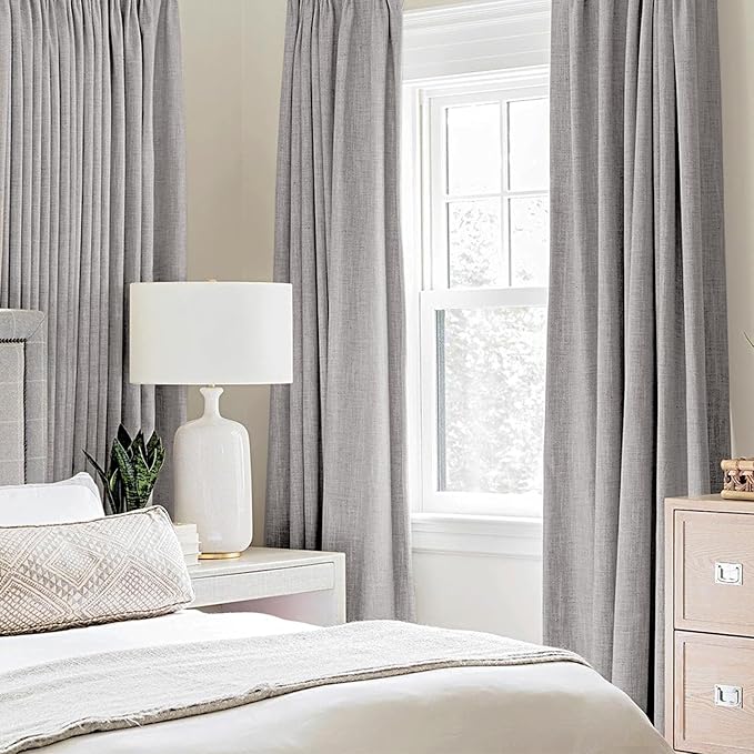 MIULEE Linen Texture 90 Inches Curtains for Bedroom 100% Blackout Thermal Insulated Light Gray Curtains Grommet Room Darkening Drapes for Living Room Nursery 52x90 Inch (2 Panels)