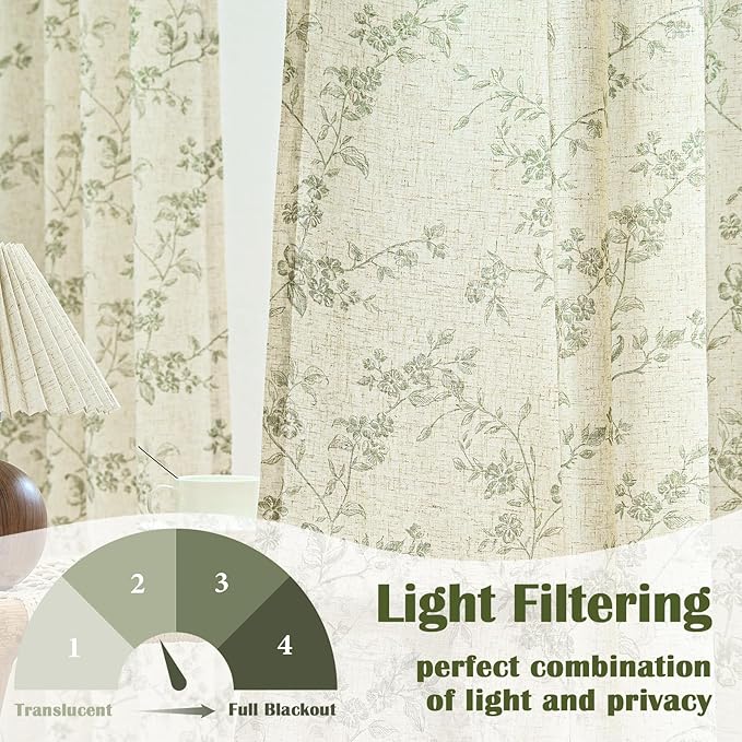 Lazzzy Linen Farmhouse Curtains Green Floral Curtains 63 Inch Length Back Tab Drapes for Living Room Bedroom Light Filtering Country Vintage Rod Pocket Curtain, 2 Panels, Green on Beige