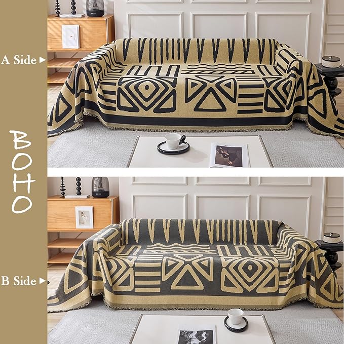 HANDONTIME Boho Geometric Couch Covers for Sofa Pet Friendly Taupe and Black Sofa Covers Washable Chenille Couch Blanket Cover for 3 4 Cushion Couches Pet Protector Furniture Cover Soft, 71" X 150"