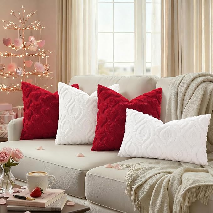 decorUhome Valentine’s Day Soft Plush Throw Pillow Covers 16x16 Inch Set of 2, Faux Fur Red Heart Decoration Neutral Square Pillow Covers for Couch Sofa Bed Cozy Farmhouse Holiday Decor