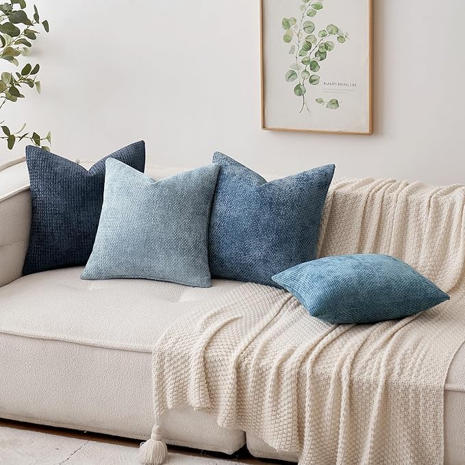 MIULEE Pack of 2 Euro Sham Pillow Covers 24x24 Inch Coastal Smoke Blue Modern Boho Accent Decorative Throw Pillow Covers Chenille Farmhouse Cushion Covers for Home Decor Couch Bed Sofa Living Room