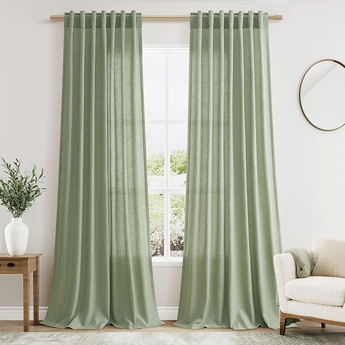 Light Sage Linen Curtains 108 Inches Long for Living Room 2 Panels Set Extra Long Back Tab Curtain Semi Sheer Light Filtering Sage Green Drapes Floor to Ceiling Drapes for Large Windows 52x108