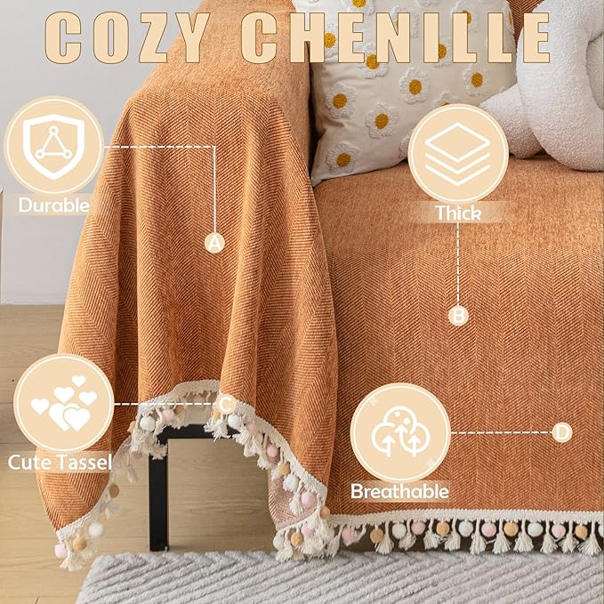 HANDONTIME Dark Orange Sofa Covers Couch Cover for Dogs Colorful Tassel Lovetseat Covers Pet Couch Cover Bohemian Sofa Cover for Couch Vintage Boho Couch Covers Futon Cover Pet-Friendly, 71" X134"