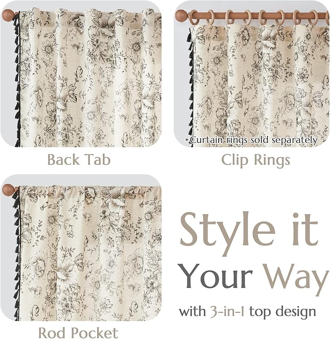 jinchan Linen Blend Curtain Floral Curtains for Living Room 63 Inch Length Printed Curtains with Tassels Rod Pocket Farmhouse Rustic Peony Flower Patterned Drapes Bedroom Window Curtains Set 2 Panels