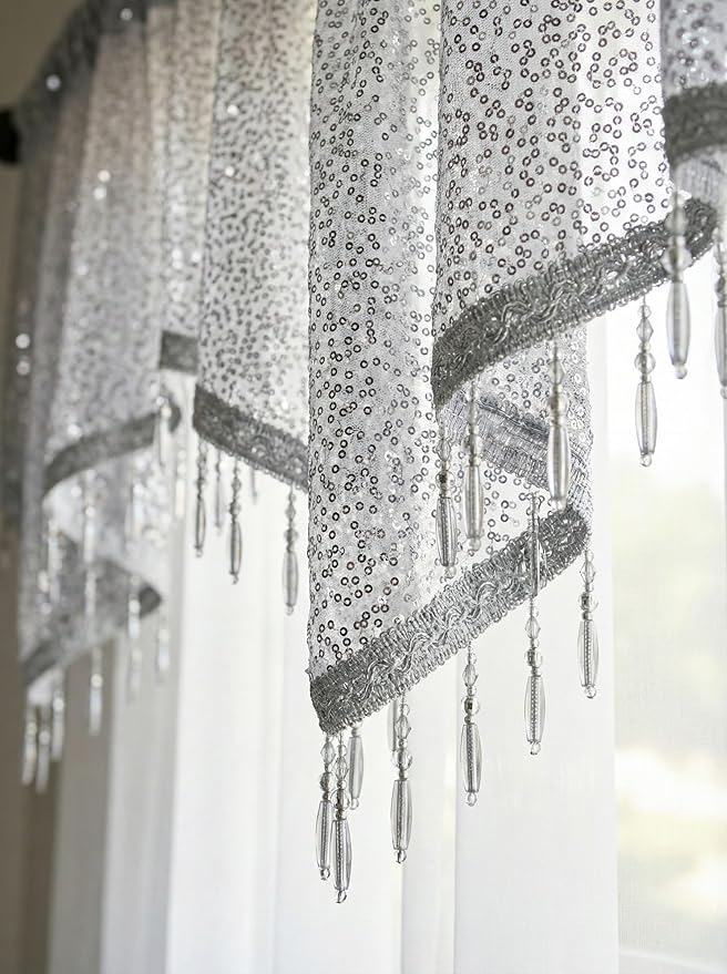 Molaxhome Swag Curtain 51 inch Length Rod Pocket Scalloped Curtain Valance Sheer Lace Panels with Hanging Crystal Beads for Kitchen Bedroom Window Treatments Drape Decor 1pc (Sequin Silver, 51Wx23L)