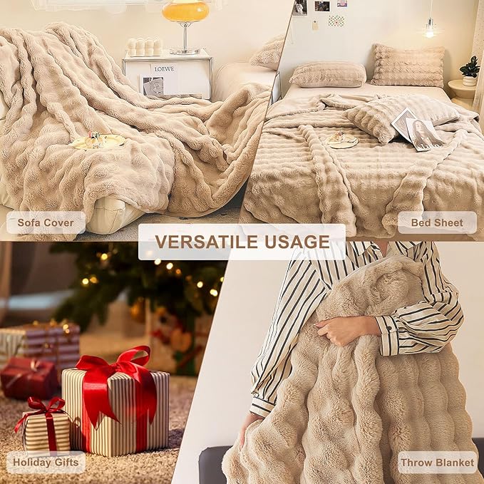 HANDONTIME Plush Sofa Slipcovers Washable Couch Cover for Sofa Super Soft Faux Fur Sofa Covers for 3 Couch Cousion Soild Khaki Rabbit Plush Couch Cushion Covers for Kids Pets, 71" X150"