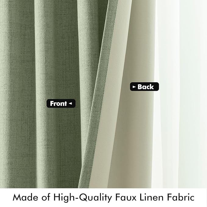 MIULEE 100% Blackout Linen Curtains for Bedroom, Sage Green Solid Luxury Decor Thermal Insulation Room Darkening Drapes for Living Room Nursery Back Tab Rod Pocket 42 x 84 Inches, 2 Panels
