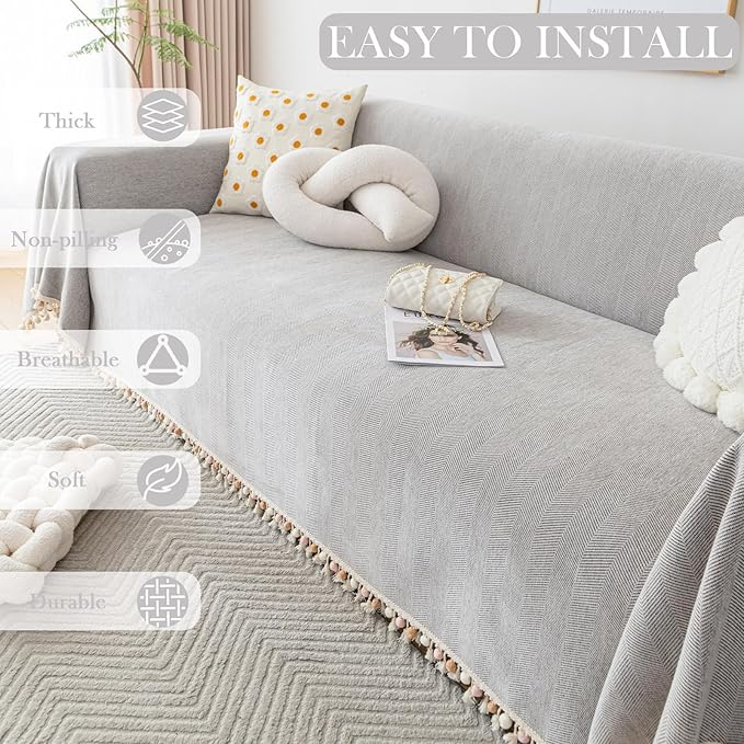HANDONTIME Grey Sofa Cover for Couch Boho Couch Cover for 3 Seat Couches Dog Couch Cover Love Seat Couch Covers Light Grey Sectional Cover 91" X150" Tassel Chenille Herringbone Sofa Covers
