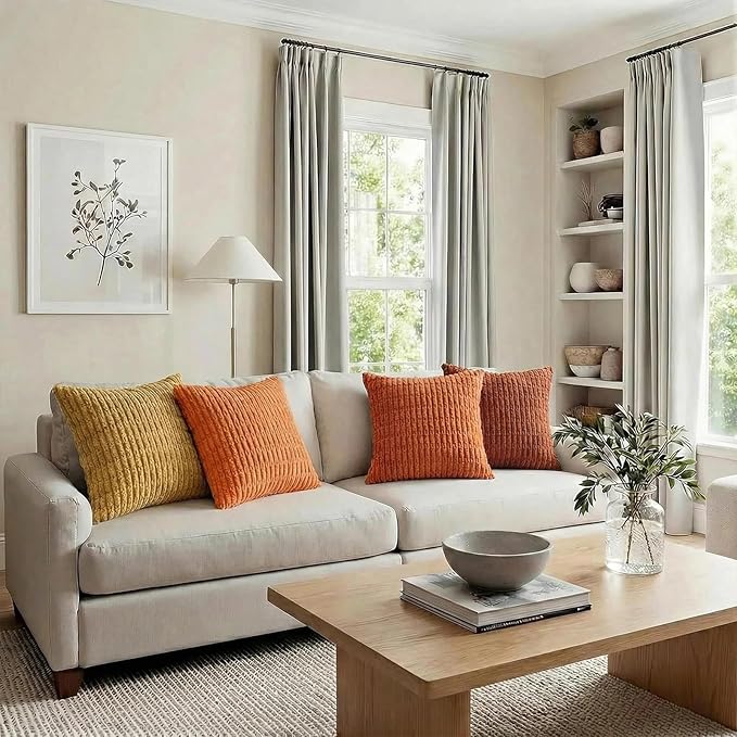 Fancy Homi Set of 4 Burnt Orange Fall Decorative Throw Pillow Covers 14x14 Inch for Couch Bed Chair, Modern Farmhouse Boho Room Decor, Soft Fuzzy Corduroy Textured Striped Cushion Case 35cm